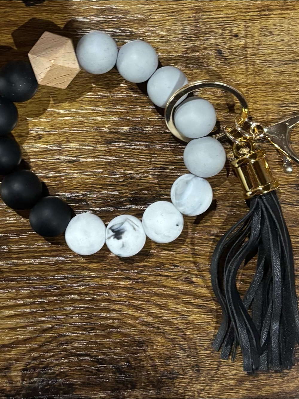 Beaded Wristlet Keychain with Black Tassel